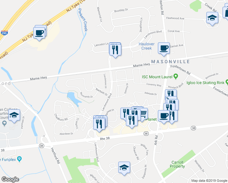 map of restaurants, bars, coffee shops, grocery stores, and more near 104B Saxony Drive in Mount Laurel Township