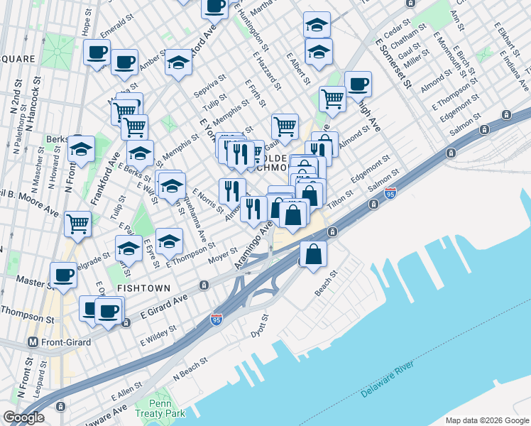 map of restaurants, bars, coffee shops, grocery stores, and more near in Philadelphia
