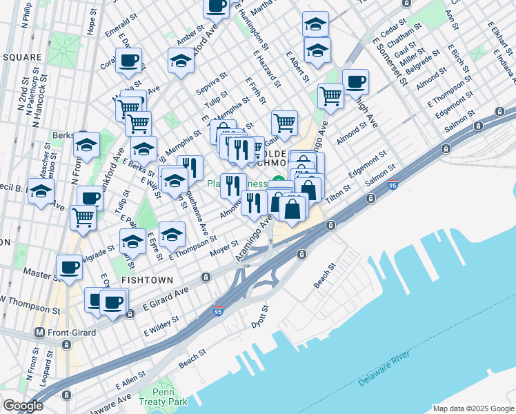 map of restaurants, bars, coffee shops, grocery stores, and more near 2216 East Thompson Street in Philadelphia