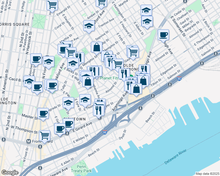 map of restaurants, bars, coffee shops, grocery stores, and more near 2556 East Norris Street in Philadelphia