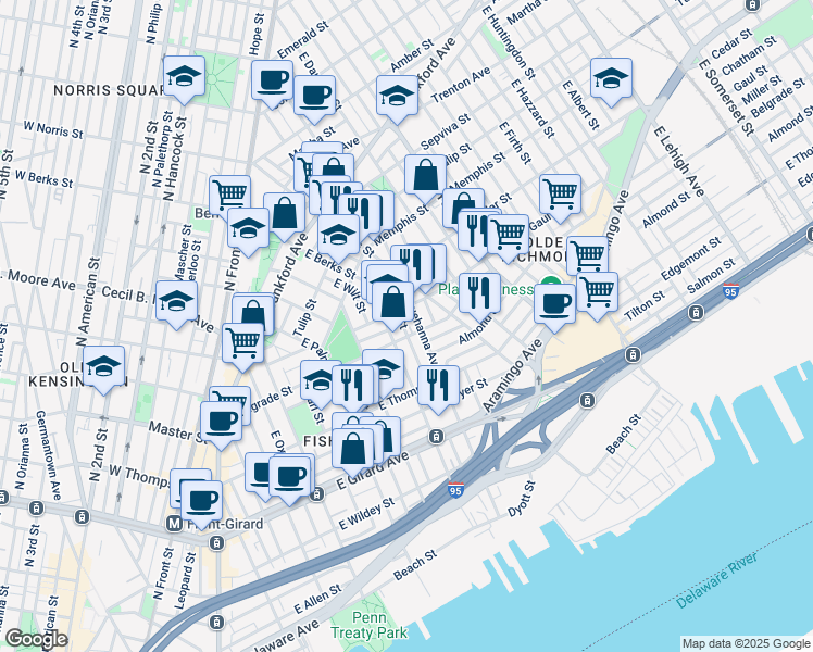 map of restaurants, bars, coffee shops, grocery stores, and more near 1411 East Berks Street in Philadelphia