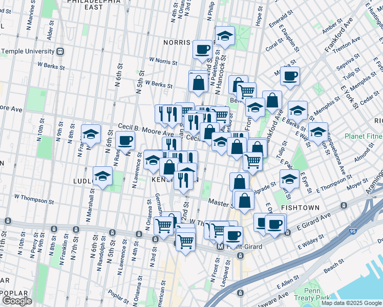 map of restaurants, bars, coffee shops, grocery stores, and more near 1617 North 2nd Street in Philadelphia