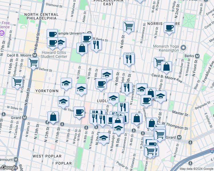 map of restaurants, bars, coffee shops, grocery stores, and more near 1517 North 7th Street in Philadelphia