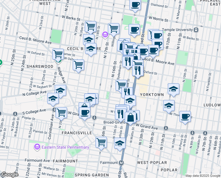 map of restaurants, bars, coffee shops, grocery stores, and more near 4 Master Street in Philadelphia