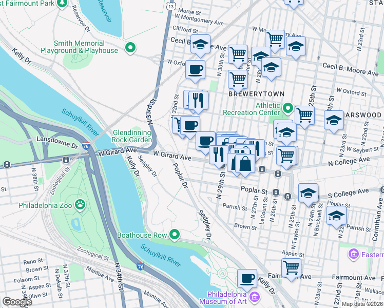 map of restaurants, bars, coffee shops, grocery stores, and more near 3029 West Girard Avenue in Philadelphia