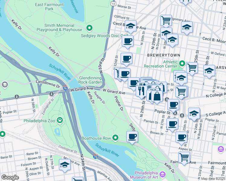 map of restaurants, bars, coffee shops, grocery stores, and more near in Philadelphia