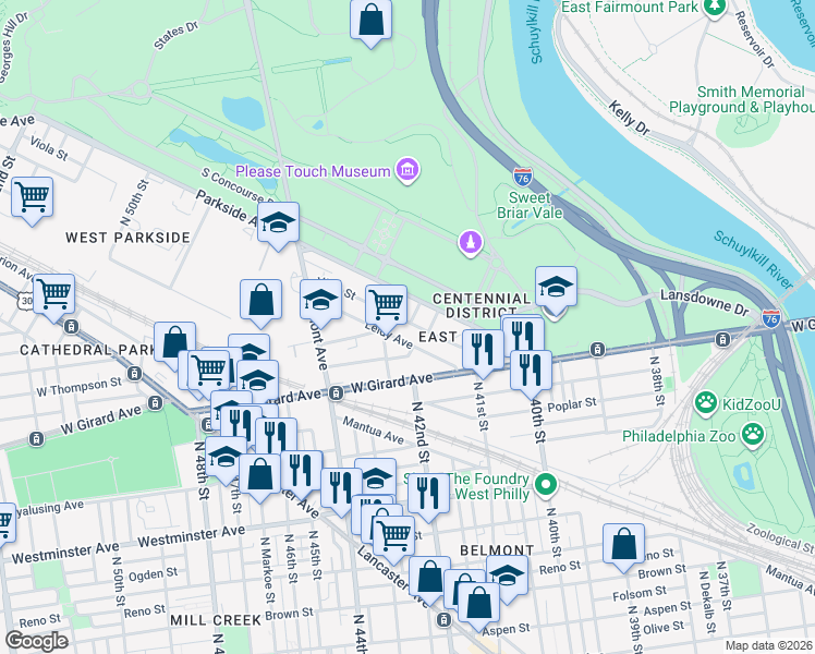 map of restaurants, bars, coffee shops, grocery stores, and more near 4186 Viola Street in Philadelphia