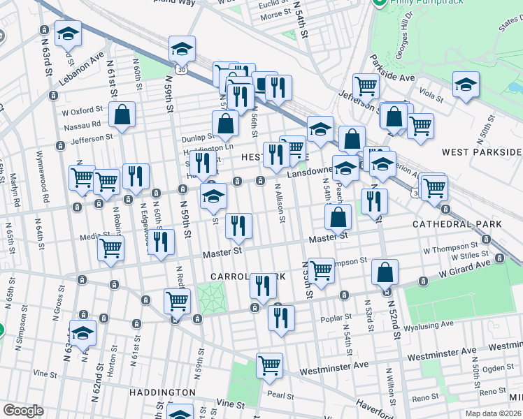 map of restaurants, bars, coffee shops, grocery stores, and more near 5612 Media Street in Philadelphia