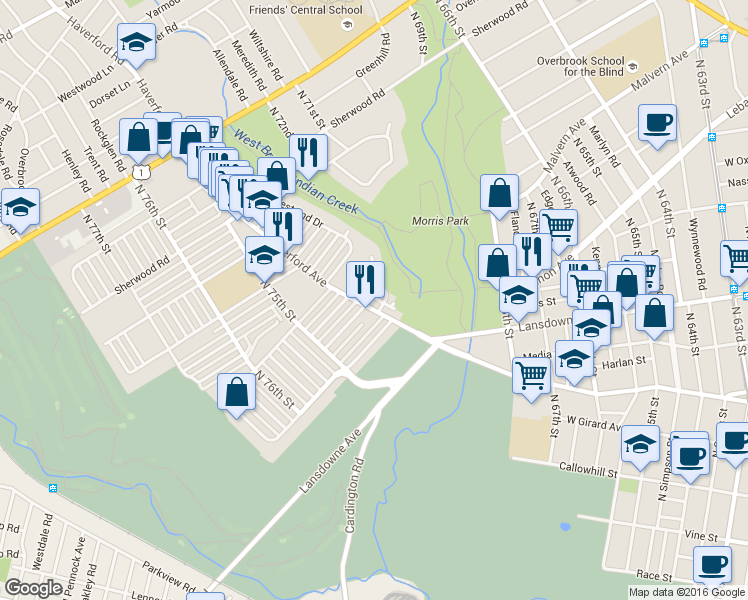map of restaurants, bars, coffee shops, grocery stores, and more near 7235 Haverford Avenue in Philadelphia
