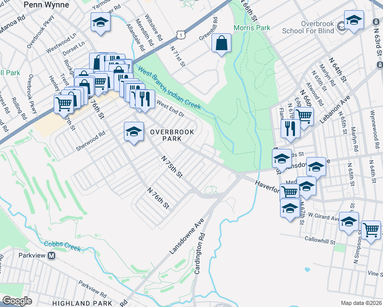 map of restaurants, bars, coffee shops, grocery stores, and more near 7407 Ruskin Road in Philadelphia