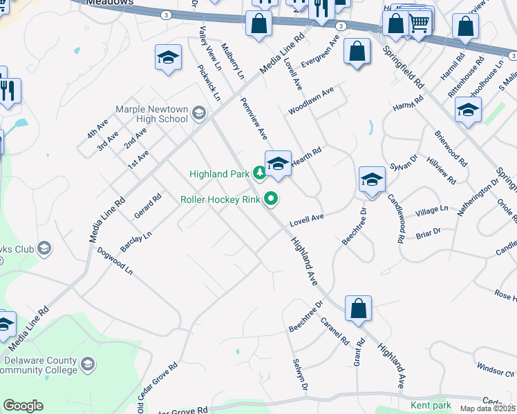 map of restaurants, bars, coffee shops, grocery stores, and more near 2888 Highland Avenue in Broomall