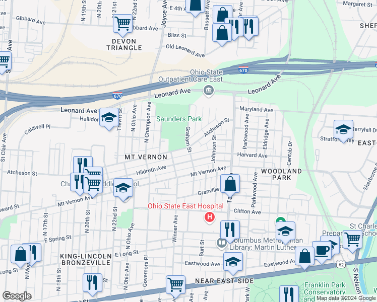 map of restaurants, bars, coffee shops, grocery stores, and more near 1401 Atcheson Street in Columbus