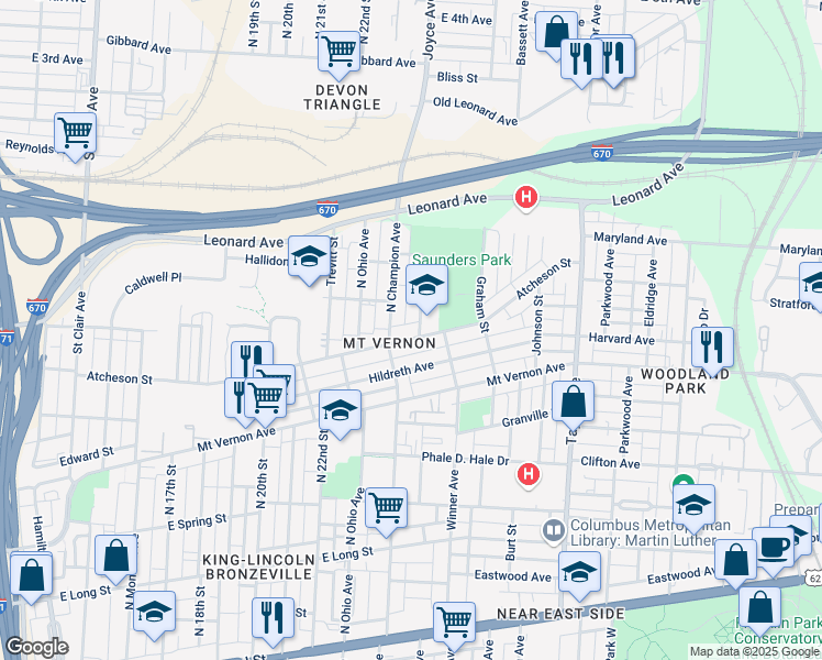 map of restaurants, bars, coffee shops, grocery stores, and more near 1294 Atcheson Street in Columbus