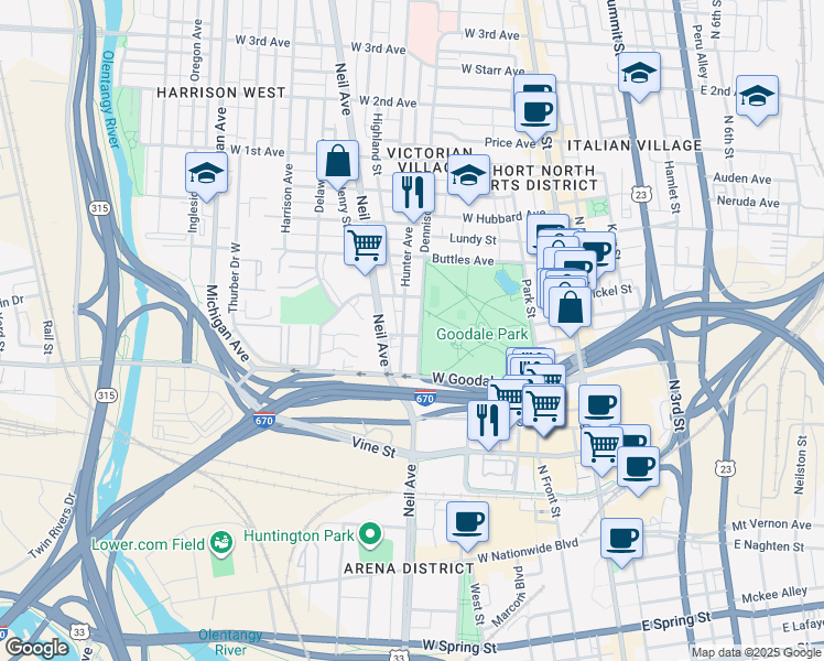 map of restaurants, bars, coffee shops, grocery stores, and more near 249 West Poplar Avenue in Columbus
