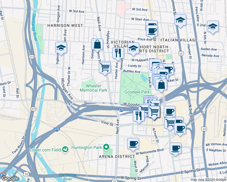map of restaurants, bars, coffee shops, grocery stores, and more near 249 West Poplar Avenue in Columbus