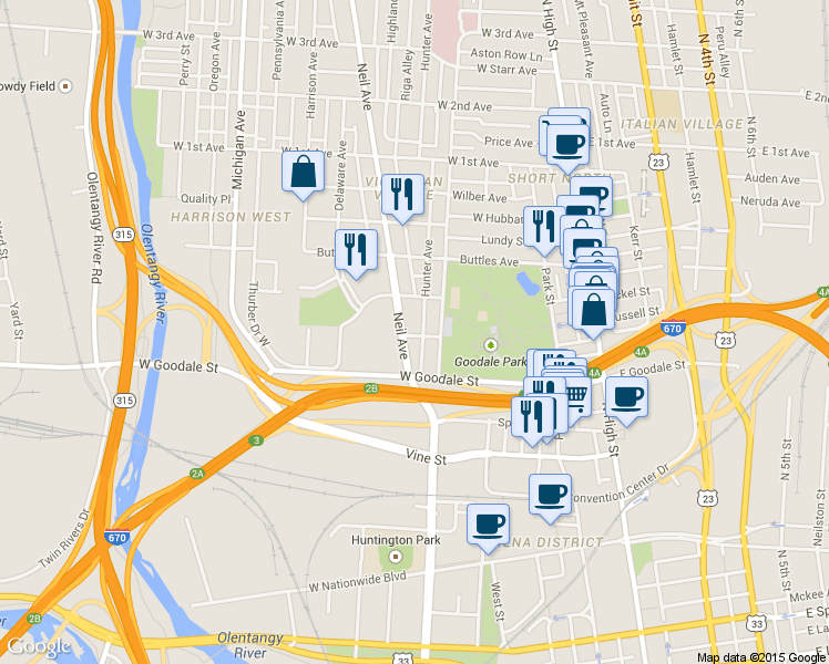 map of restaurants, bars, coffee shops, grocery stores, and more near 249 West Poplar Avenue in Columbus