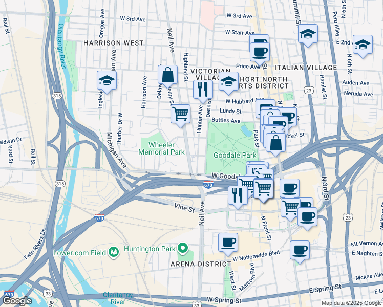 map of restaurants, bars, coffee shops, grocery stores, and more near 249 West Poplar Avenue in Columbus