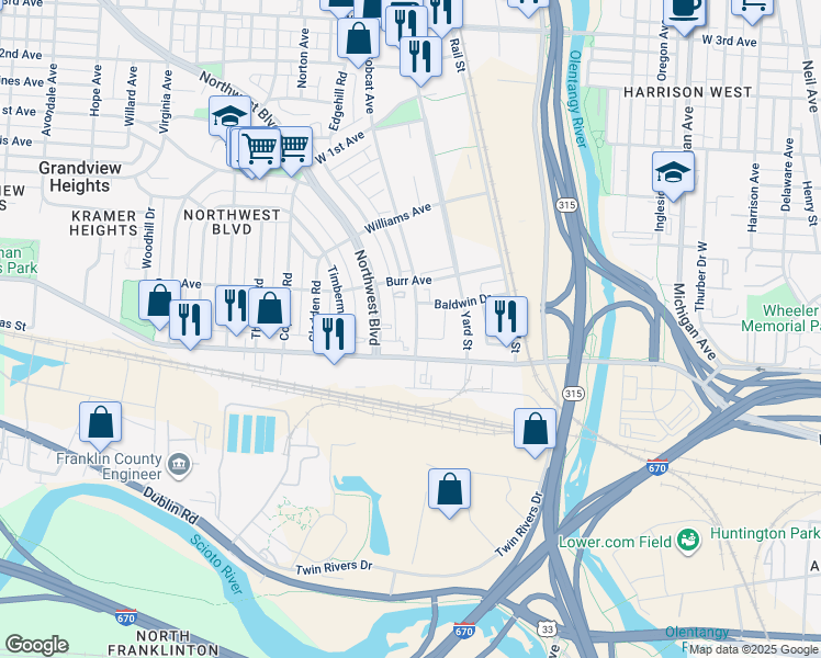 map of restaurants, bars, coffee shops, grocery stores, and more near 950 Goodale Boulevard in Grandview Heights