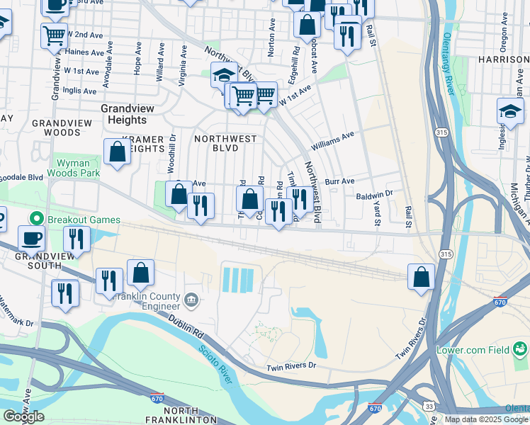 map of restaurants, bars, coffee shops, grocery stores, and more near 790 Copeland Road in Grandview