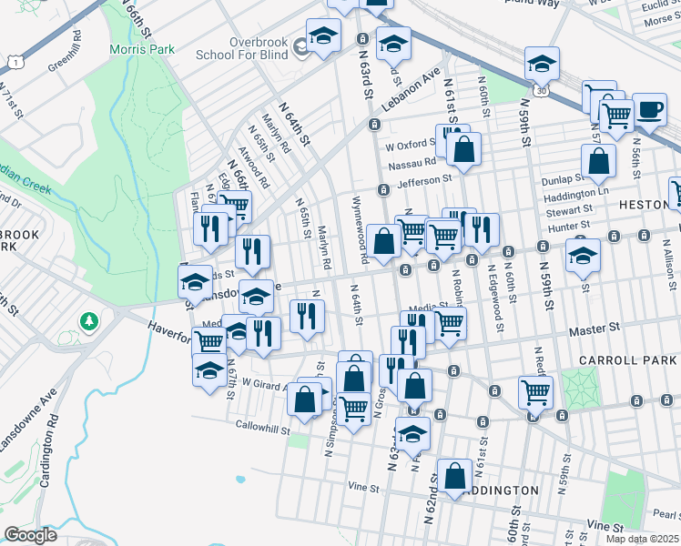 map of restaurants, bars, coffee shops, grocery stores, and more near in Philadelphia