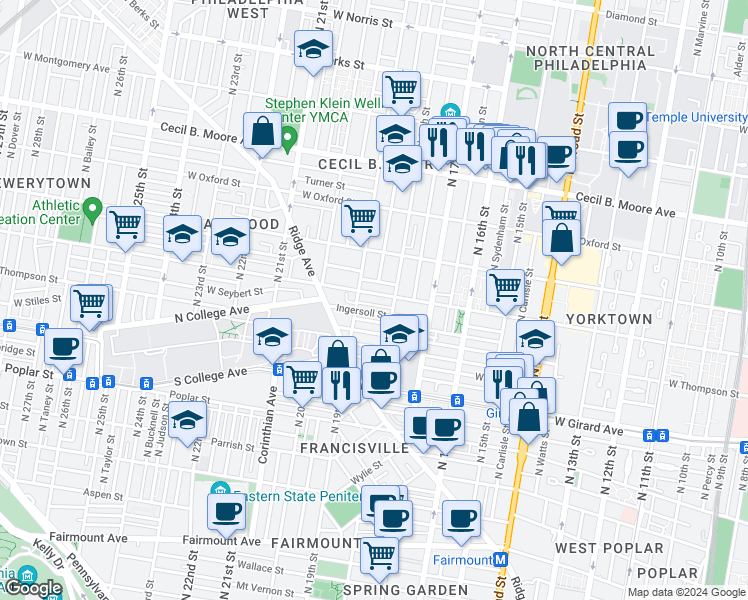 map of restaurants, bars, coffee shops, grocery stores, and more near in Philadelphia