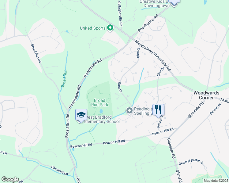 map of restaurants, bars, coffee shops, grocery stores, and more near 1506 Clifford Circle in Downingtown