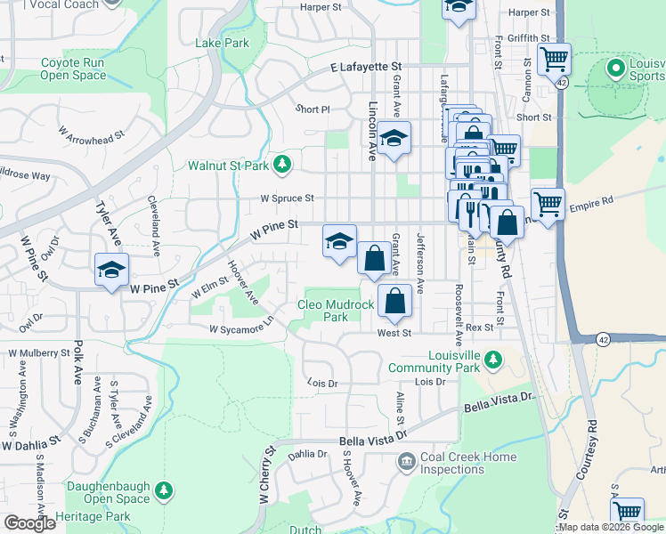 map of restaurants, bars, coffee shops, grocery stores, and more near 112 West Elm Street in Louisville
