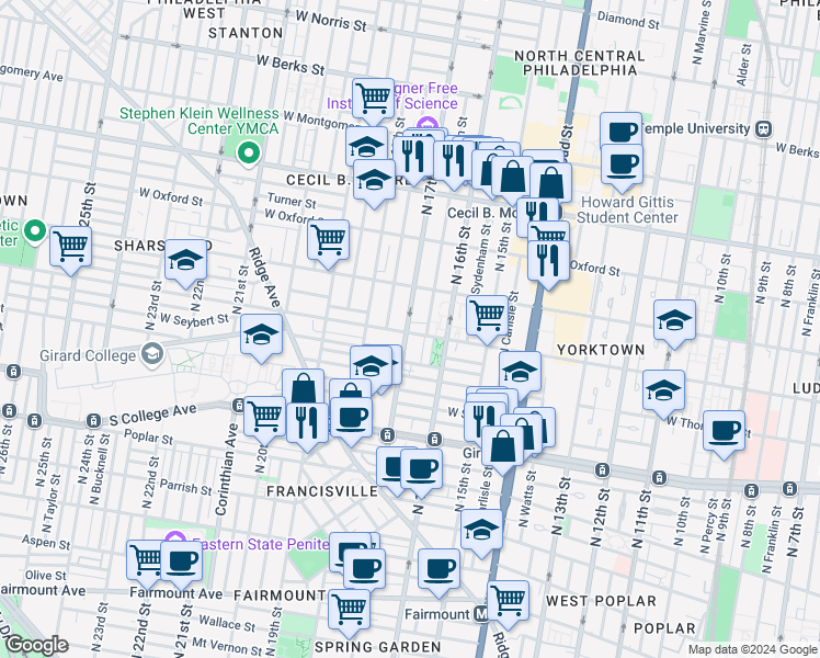 map of restaurants, bars, coffee shops, grocery stores, and more near 1401 North 17th Street in Philadelphia