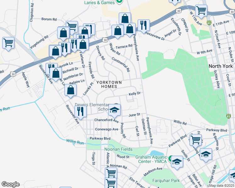 map of restaurants, bars, coffee shops, grocery stores, and more near 759 Kelly Dr in York