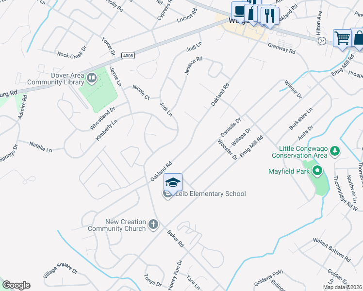 map of restaurants, bars, coffee shops, grocery stores, and more near 2812 Oakland Rd in Dover