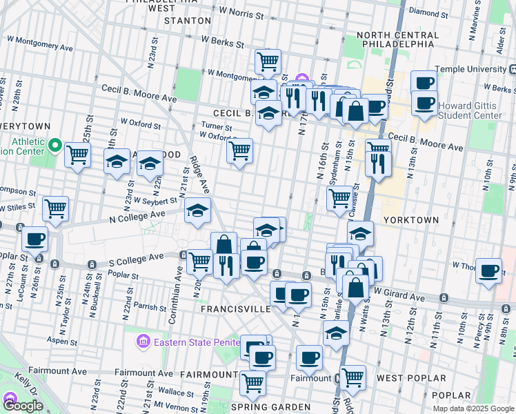 map of restaurants, bars, coffee shops, grocery stores, and more near 1808 Master Street in Philadelphia