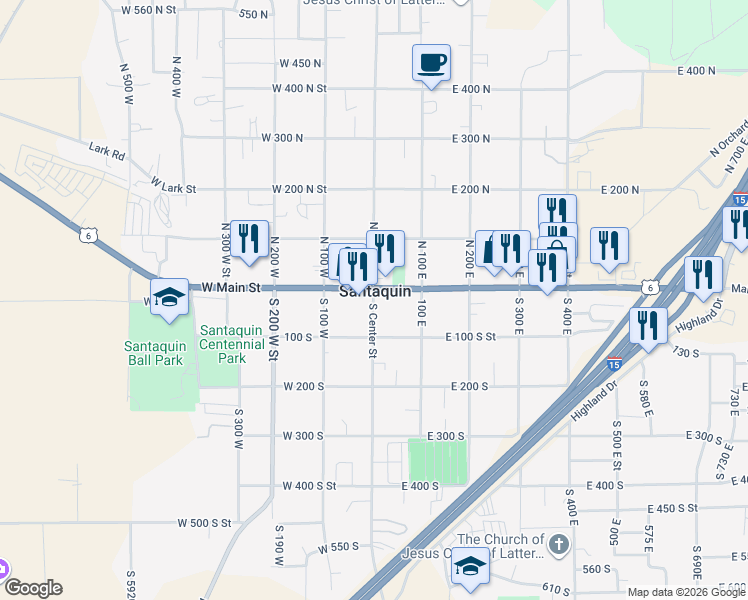 map of restaurants, bars, coffee shops, grocery stores, and more near 25 South Center Street in Santaquin