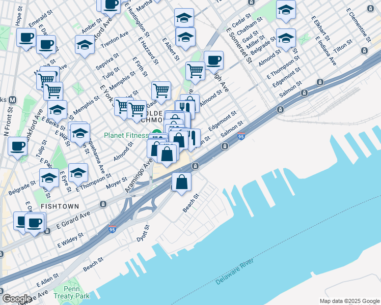 map of restaurants, bars, coffee shops, grocery stores, and more near 2715 East Cumberland Street in Philadelphia