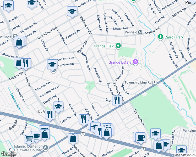 map of restaurants, bars, coffee shops, grocery stores, and more near 206 Pickwick Road in Havertown