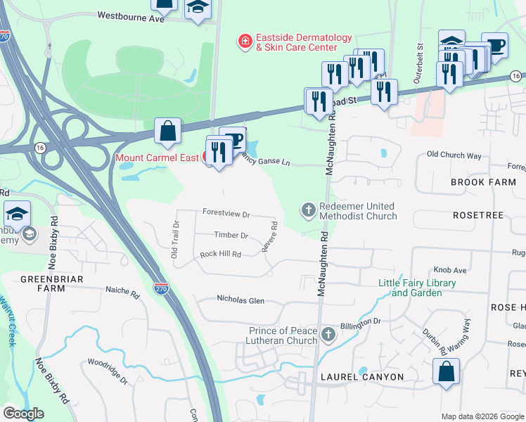 map of restaurants, bars, coffee shops, grocery stores, and more near 6010 Forestview Drive in Columbus