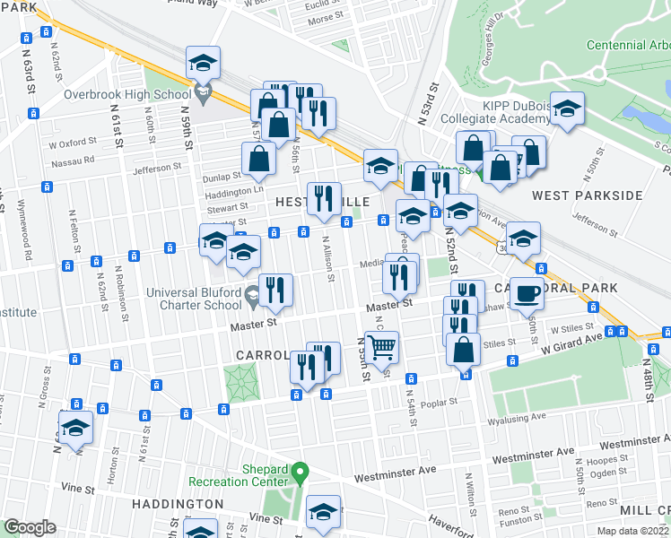 map of restaurants, bars, coffee shops, grocery stores, and more near 5518 Media Street in Philadelphia