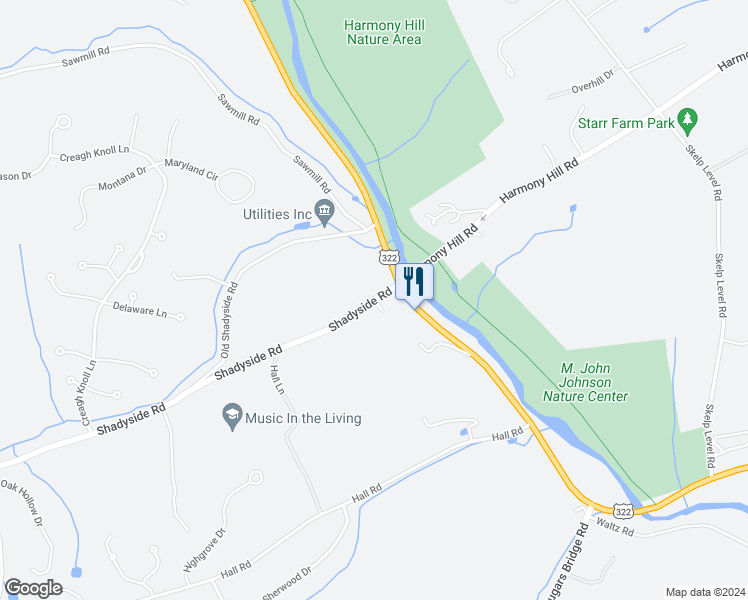 map of restaurants, bars, coffee shops, grocery stores, and more near 1207 Shadyside Road in Chester County