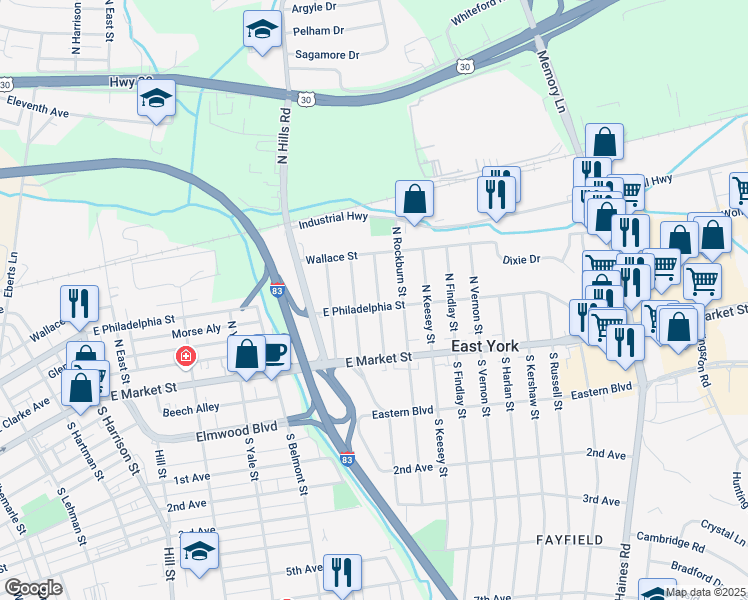map of restaurants, bars, coffee shops, grocery stores, and more near 102 North Marshall Street in East York