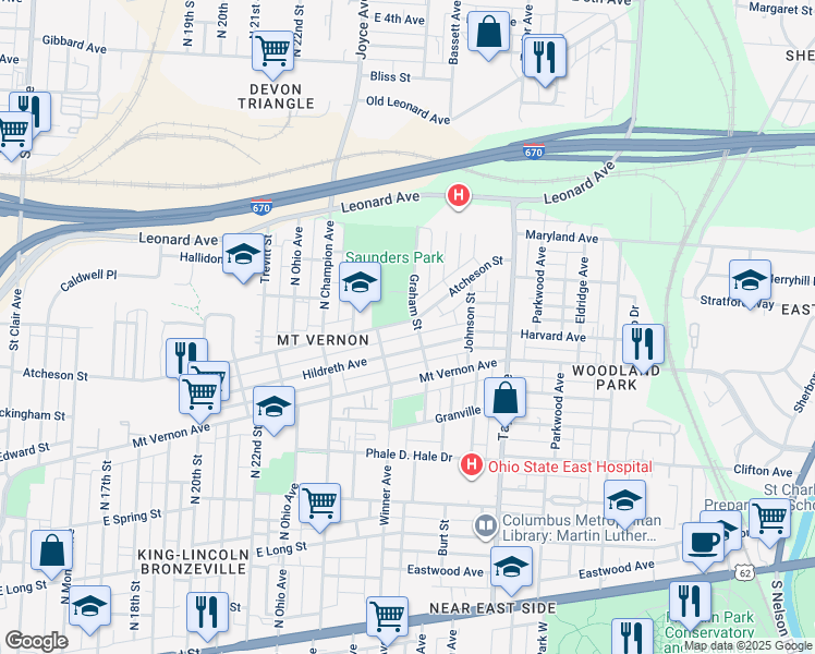 map of restaurants, bars, coffee shops, grocery stores, and more near 1401 Atcheson Street in Columbus