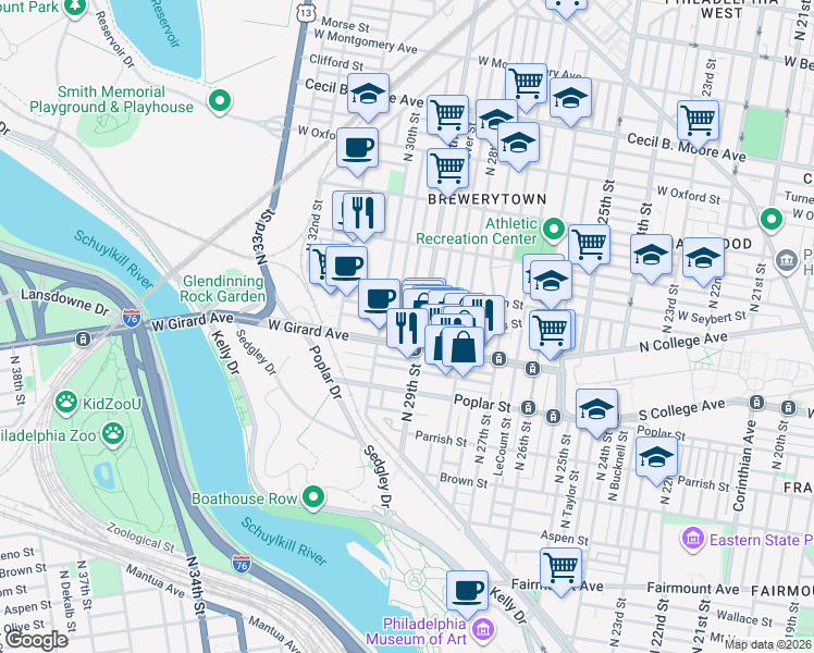 map of restaurants, bars, coffee shops, grocery stores, and more near 2949 West Girard Avenue in Philadelphia