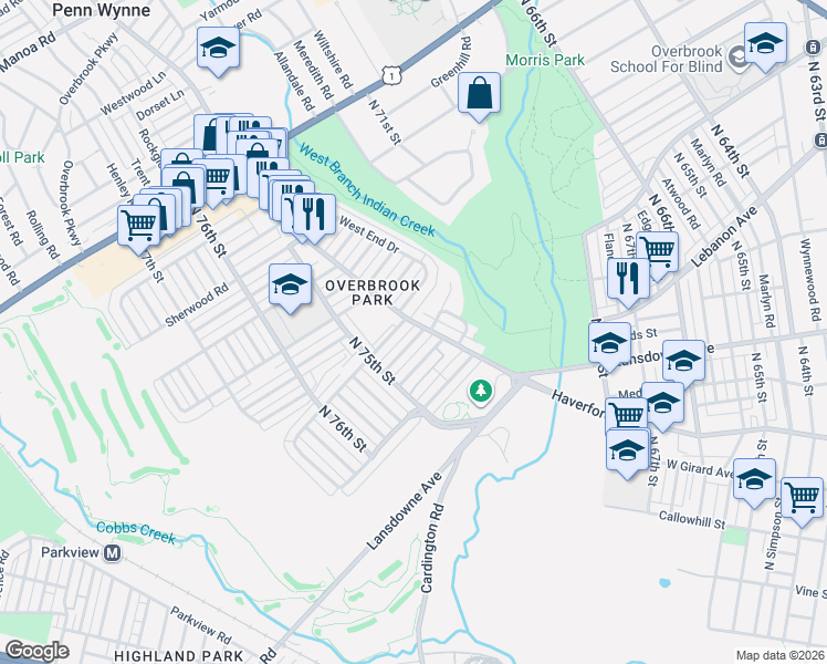 map of restaurants, bars, coffee shops, grocery stores, and more near 7407 Ruskin Road in Philadelphia