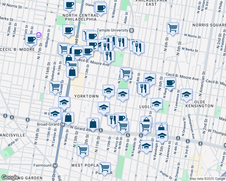 map of restaurants, bars, coffee shops, grocery stores, and more near 1021 West Jefferson Street in Philadelphia