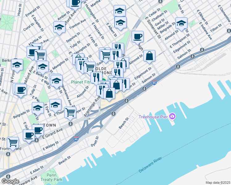 map of restaurants, bars, coffee shops, grocery stores, and more near 2401-2499 Aramingo Avenue in Philadelphia