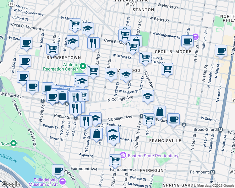 map of restaurants, bars, coffee shops, grocery stores, and more near 2245 West Thompson Street in Philadelphia