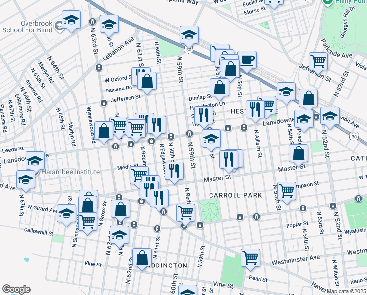 map of restaurants, bars, coffee shops, grocery stores, and more near 1527 North Redfield Street in Philadelphia