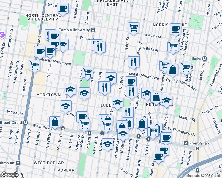 map of restaurants, bars, coffee shops, grocery stores, and more near 1525 North 7th Street in Philadelphia