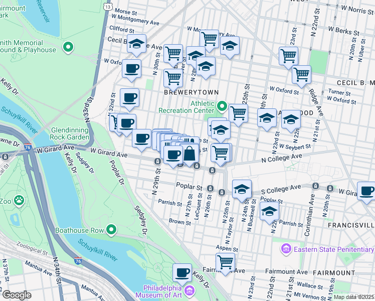 map of restaurants, bars, coffee shops, grocery stores, and more near 2727 West Stiles Street in Philadelphia