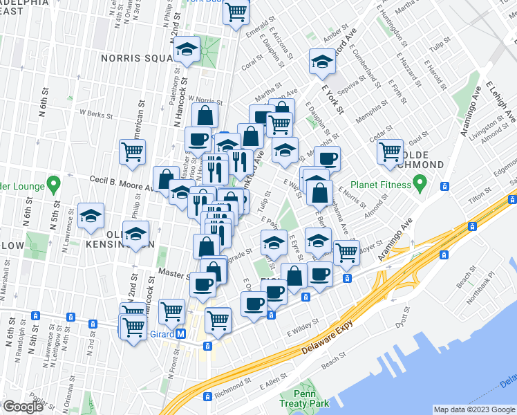 map of restaurants, bars, coffee shops, grocery stores, and more near 1708 Tulip Street in Philadelphia