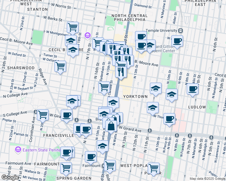 map of restaurants, bars, coffee shops, grocery stores, and more near 1400 North Broad Street in Philadelphia