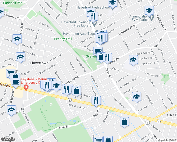 map of restaurants, bars, coffee shops, grocery stores, and more near in Delaware County